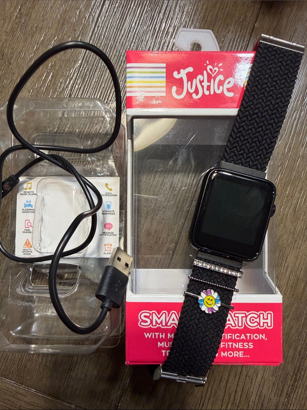 Justice Black Smartwatch with Cheerful Daisy Charm New